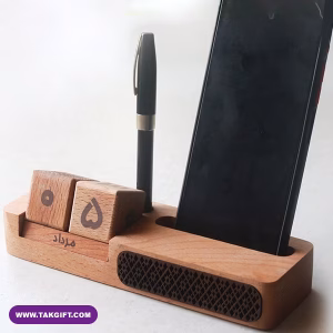 استند و اسپیکر و تقویم چوبی تبلیغاتی