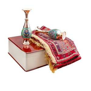 ست تبلیغاتی جفت گلدان مس و پرداز و گلیم با جعبه چوب و چرم (ماهور پرداز 1)