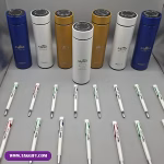 نمونه چاپ فلاسک درجه‌دار رنگی و خودکار پلاستیکی تبلیغاتی